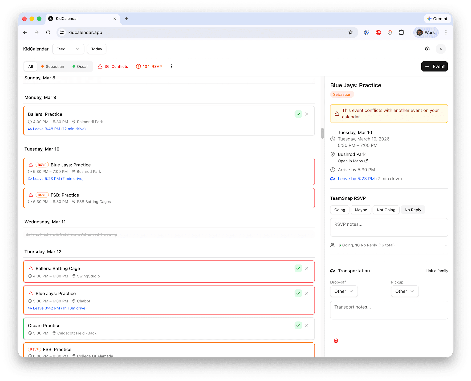 KidCalendar showing a weekly feed view with events across multiple teams, conflict detection, and event details